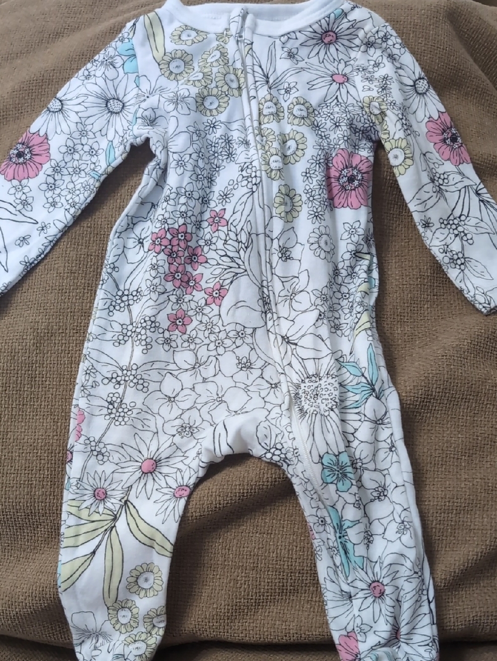White Floral Zip Front Baby Footie with Pastel Accents